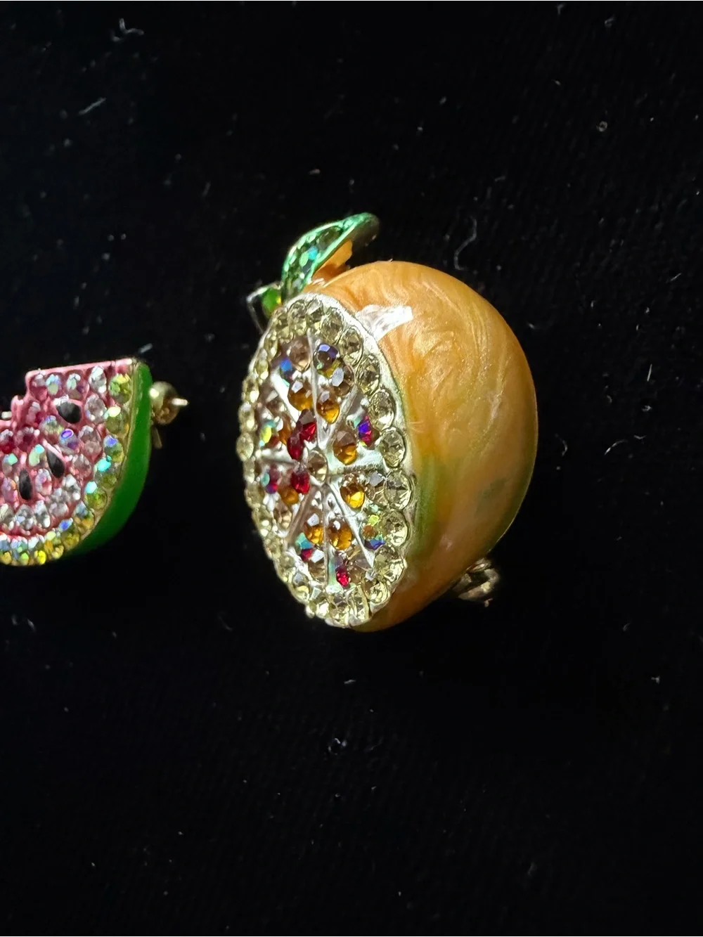 Vintage Rhinestone Fruit Brooch Lot - Watermelon Slice + Orange Citrus Pin Set